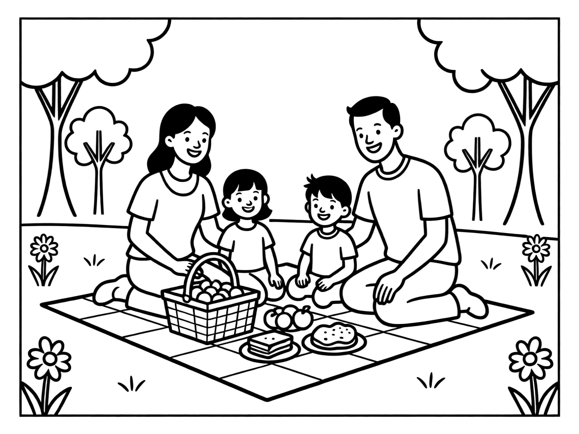 A happy family is having a picnic.