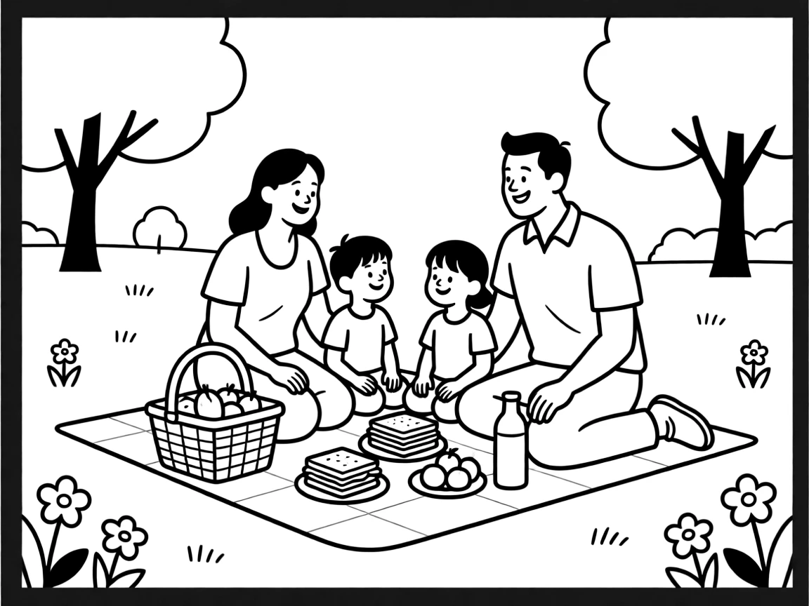 A happy family is having a picnic.