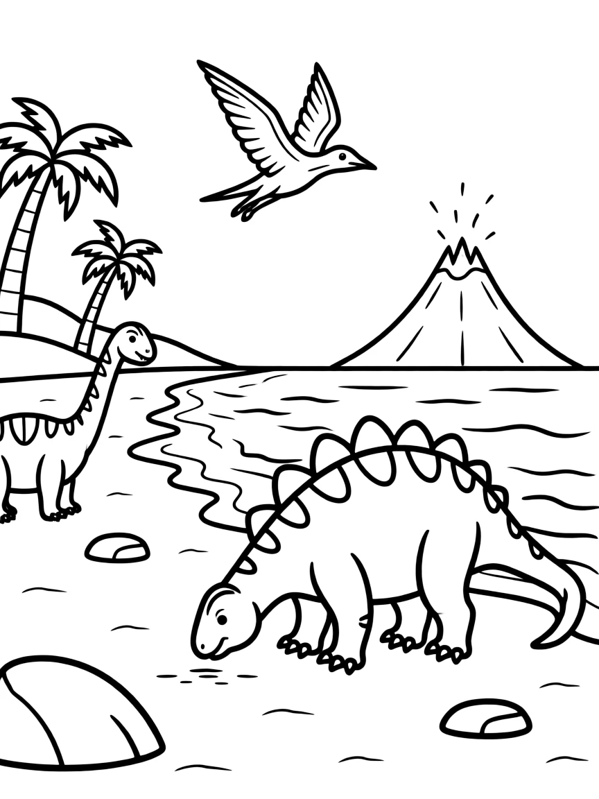 Prehistoric beachside scene with dinosaurs