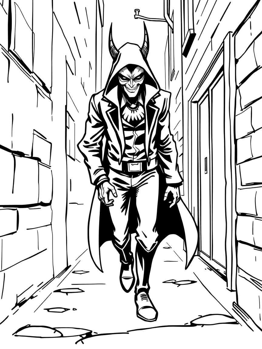 A masked villain tiptoeing through a dark alley