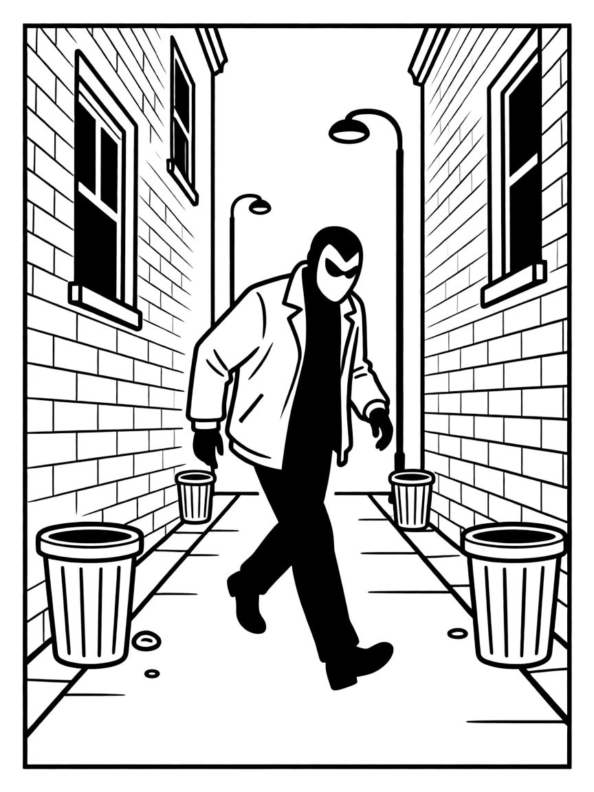 A masked villain tiptoeing through a dark alley