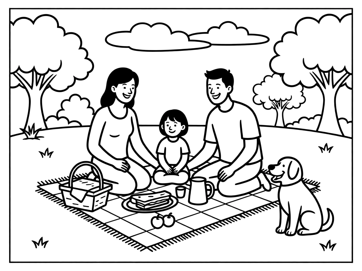 A happy family is having a picnic.