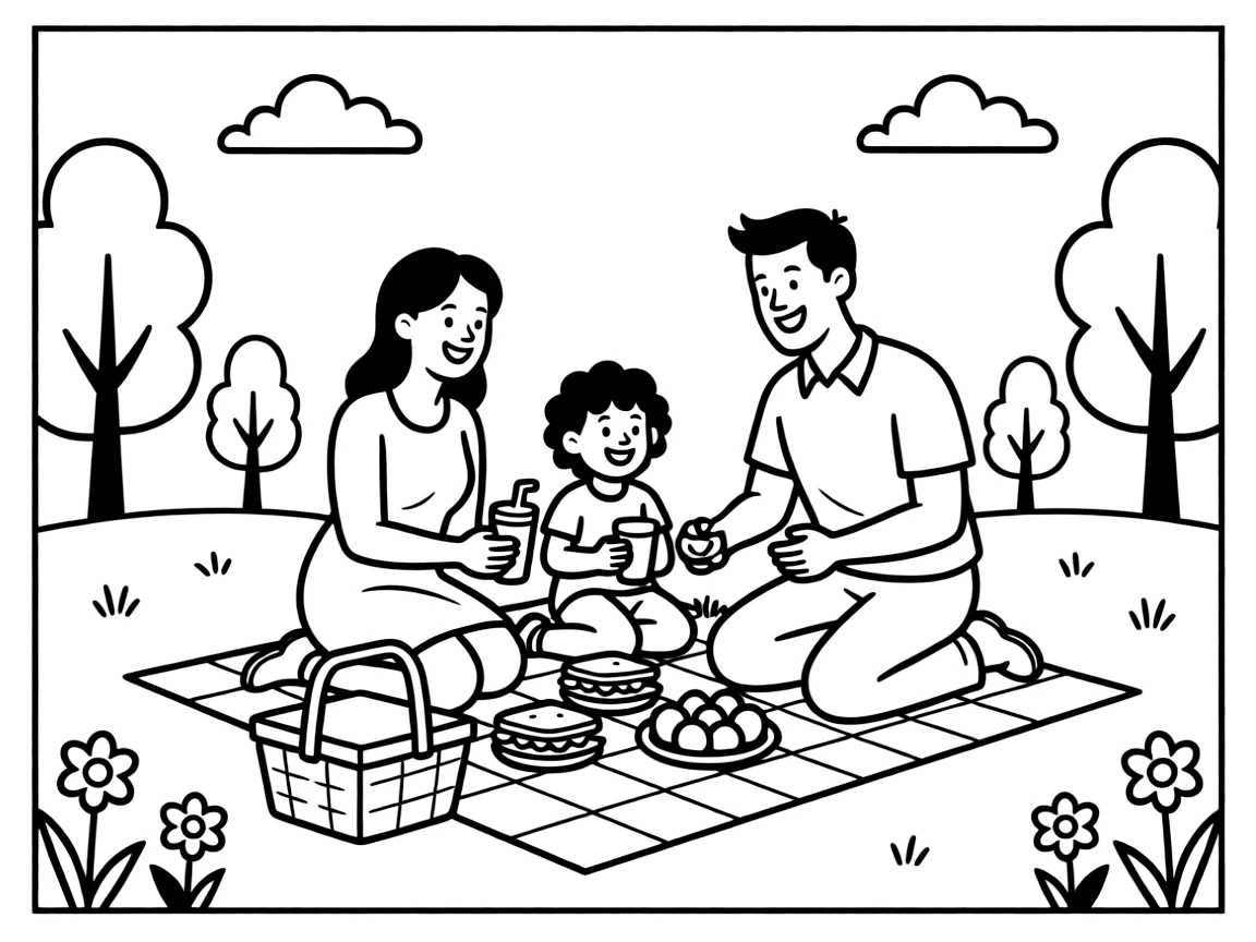 A happy American family is having a picnic.