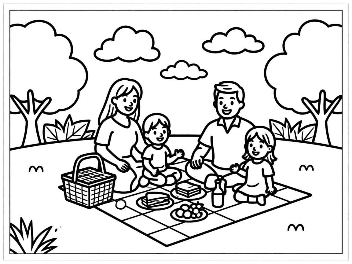 A happy family is having a picnic.