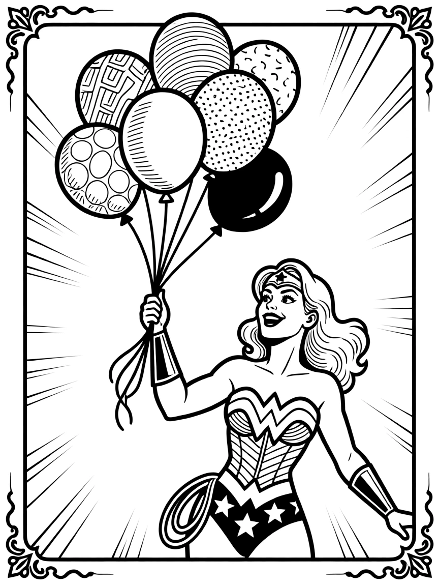 Wonder Woman playing with balloons, inside a comic book frame.