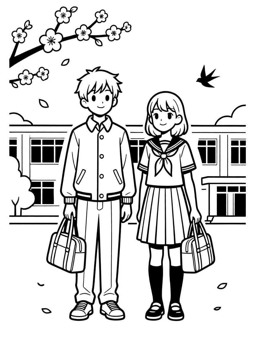 (Japan) A Japanese schoolboy and schoolgirl in uniform (education in Japan)