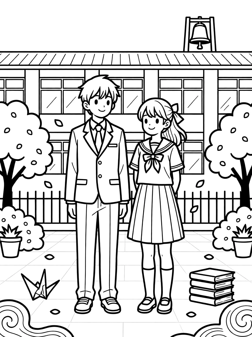 (Japan) A Japanese schoolboy and schoolgirl in uniform (education in Japan)