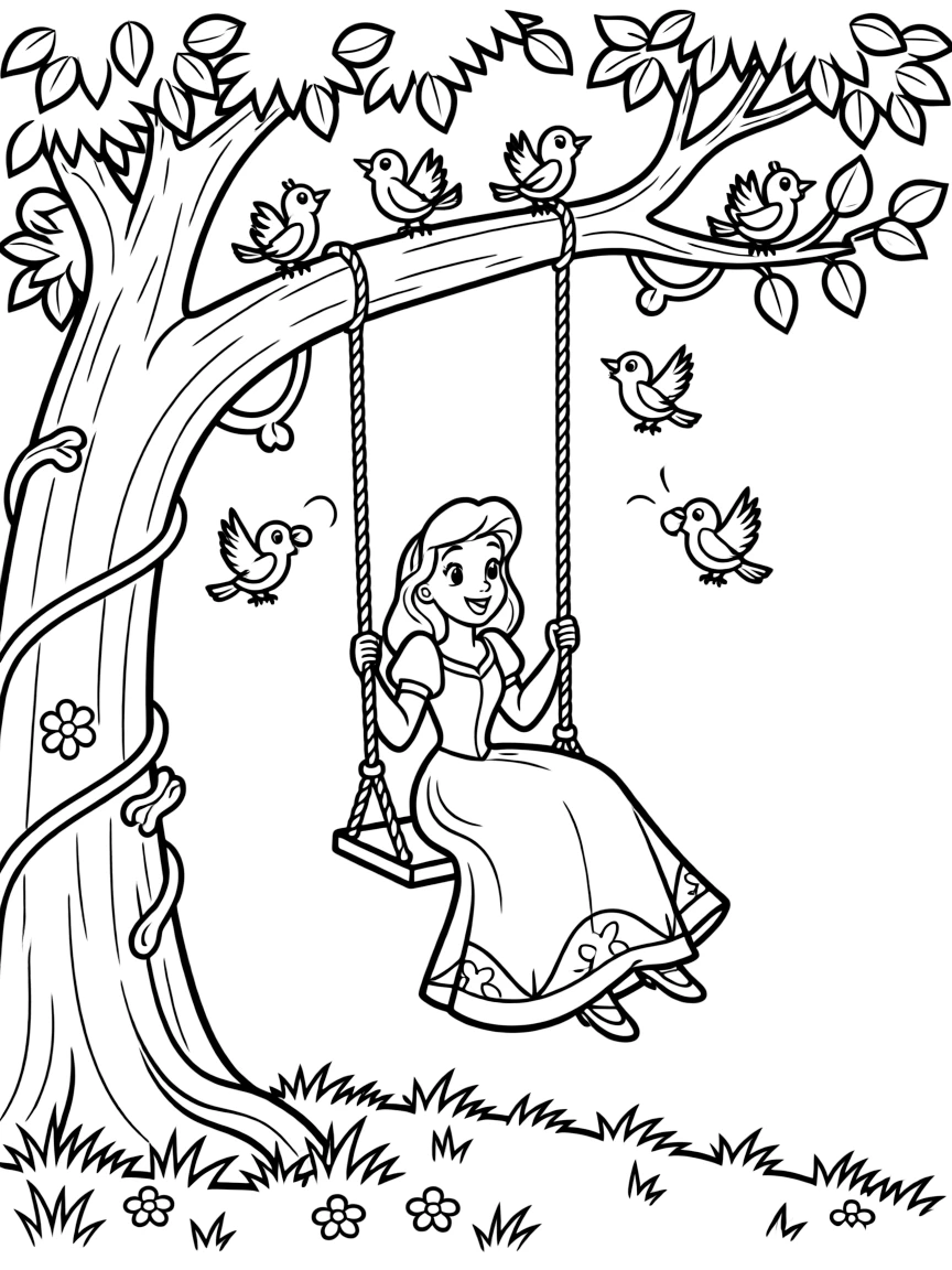 A Disney princess on a swing, high up in a tree, with singing birds.