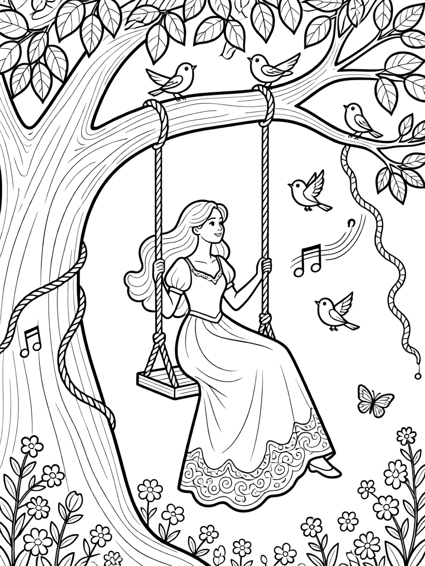 A Disney princess on a swing, high up in a tree, with singing birds.