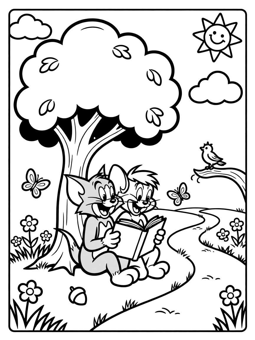 Tom and Jerry reading a book under a tree, with fun background elements.