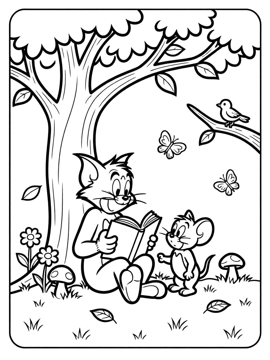 Tom and Jerry reading a book under a tree, with fun background elements.
