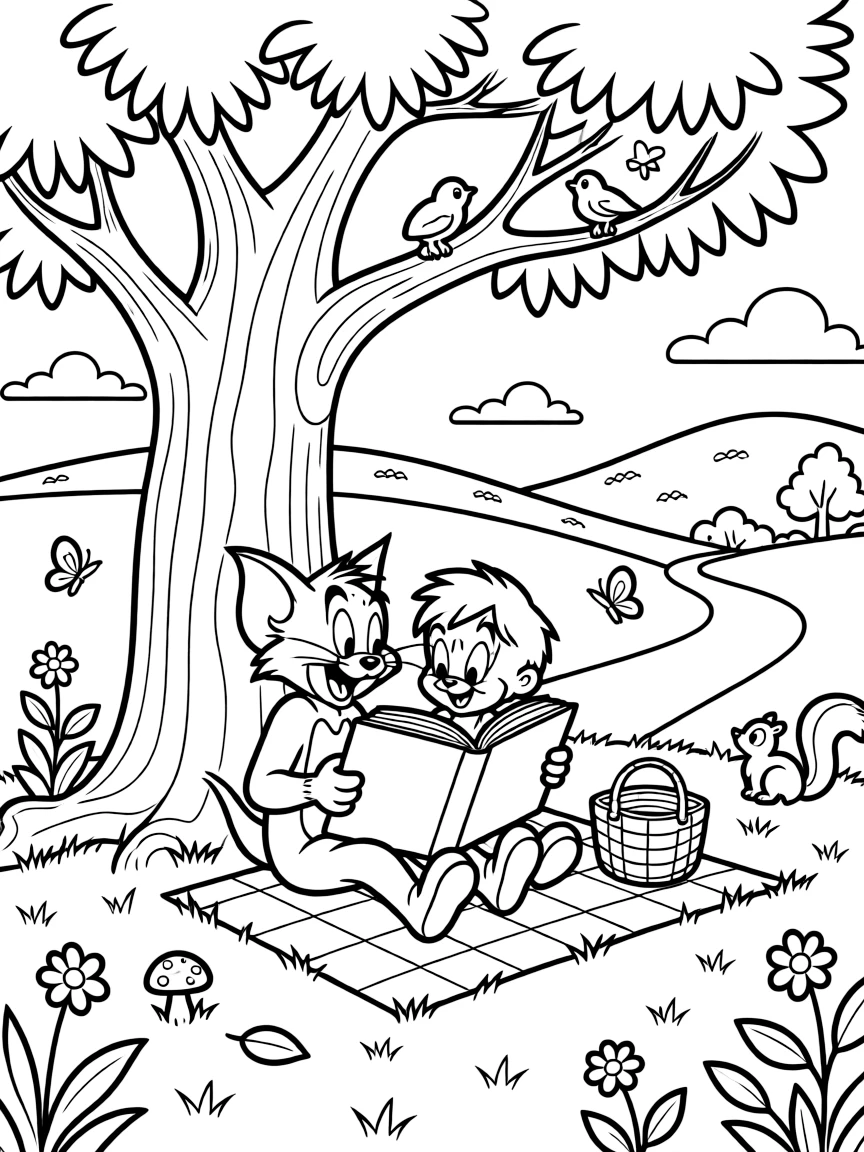 Tom and Jerry reading a book under a tree, with fun background elements.
