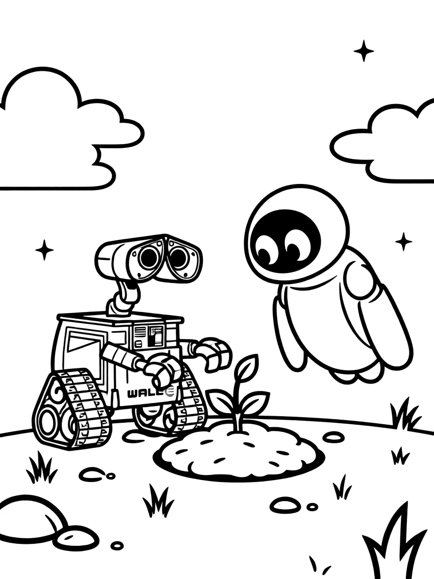 WALL-E and EVE looking at a plant.