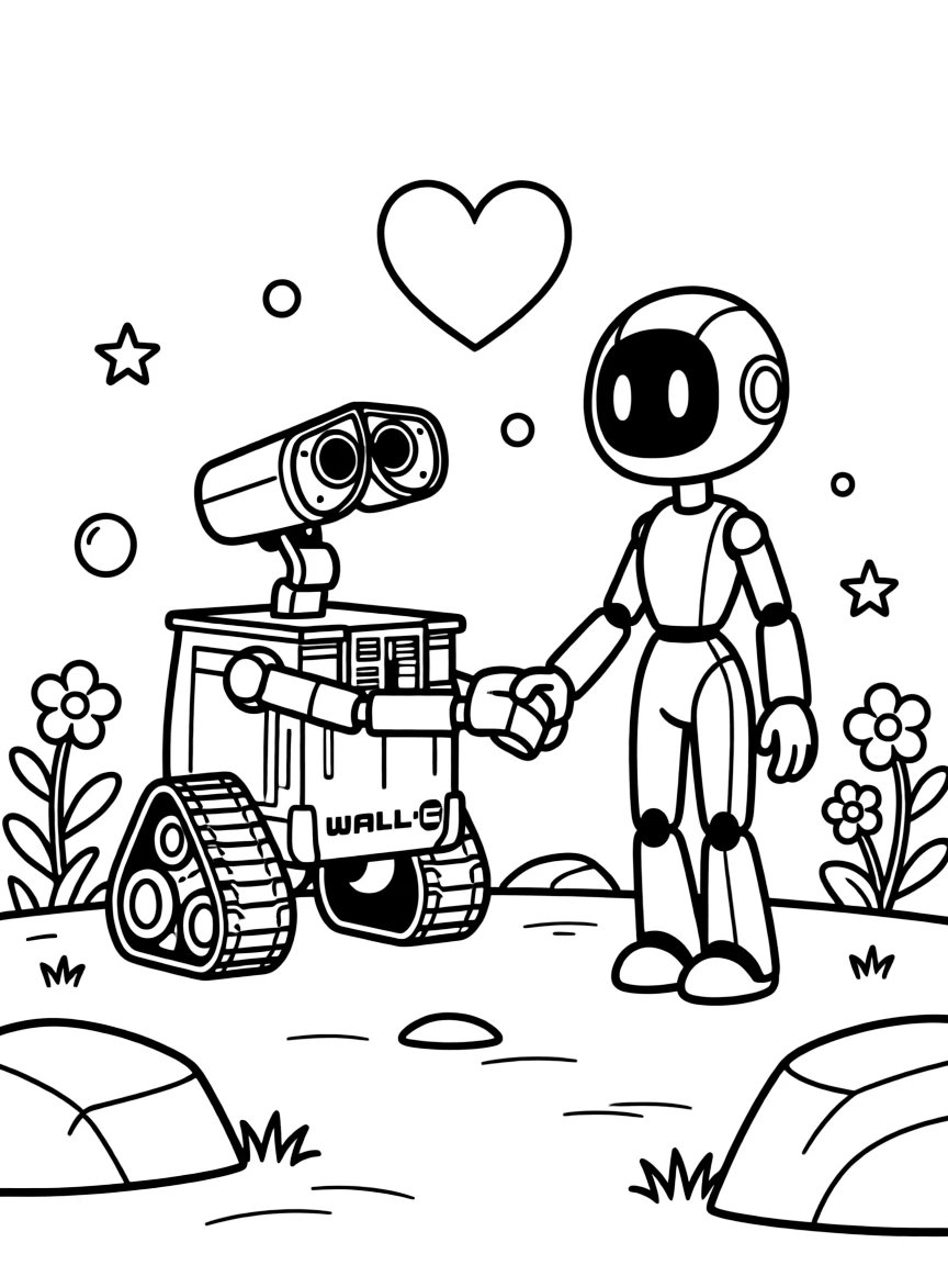WALL-E and EVE holding hands, with a heart shape.