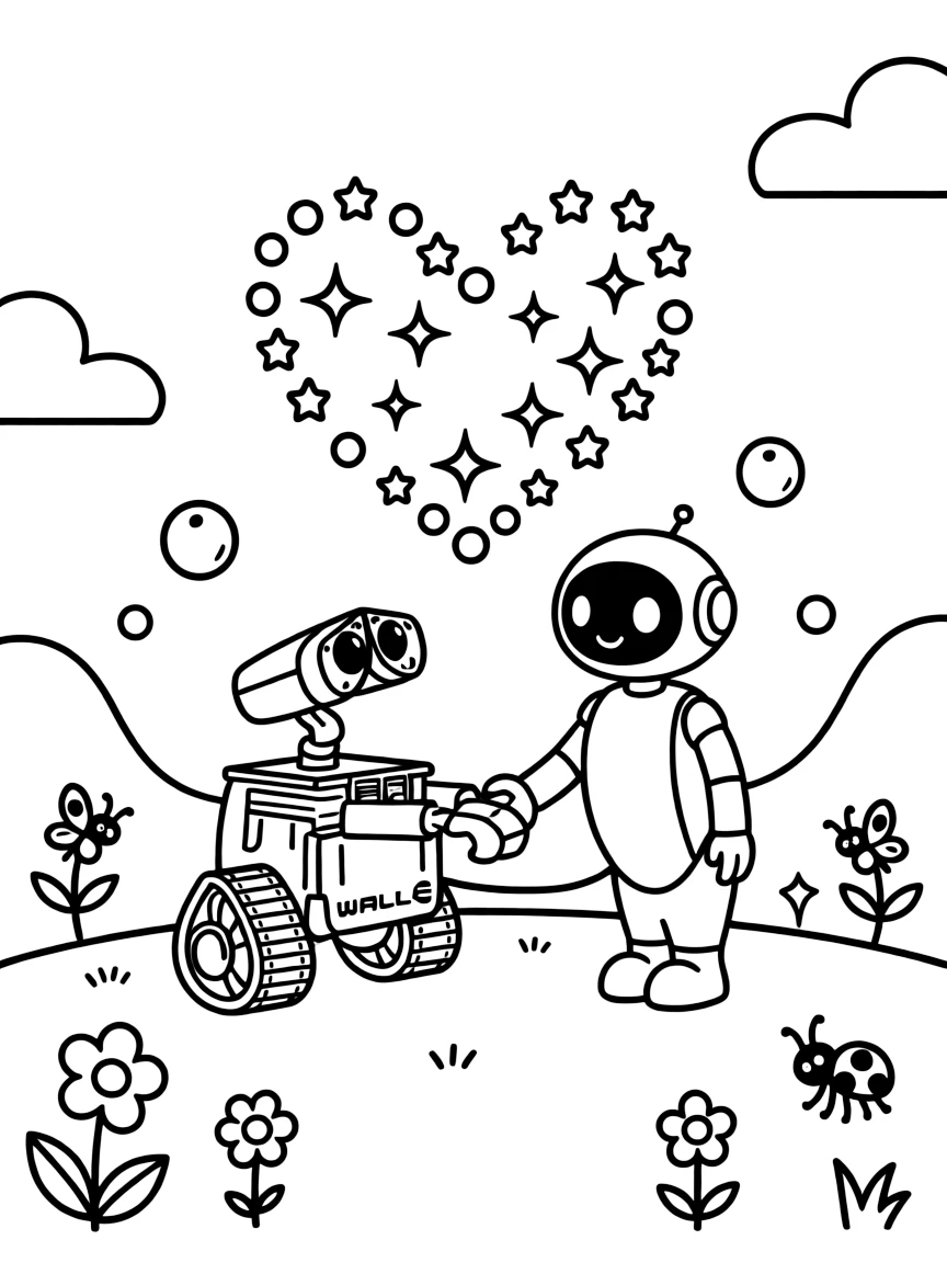WALL-E and EVE holding hands, with a heart shape.