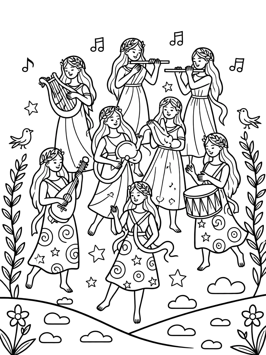 (Greek mythology) The muses playing music and dancing