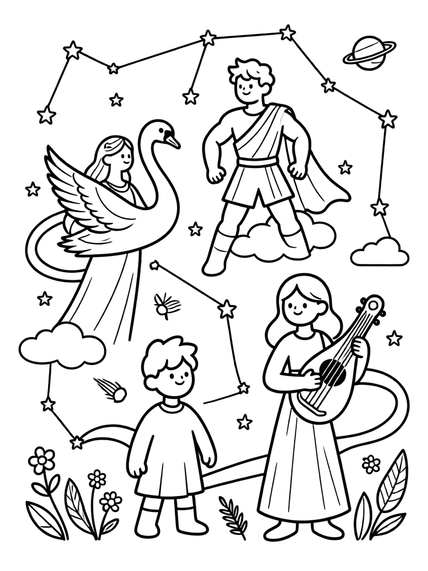 Summer constellations with mythological figures