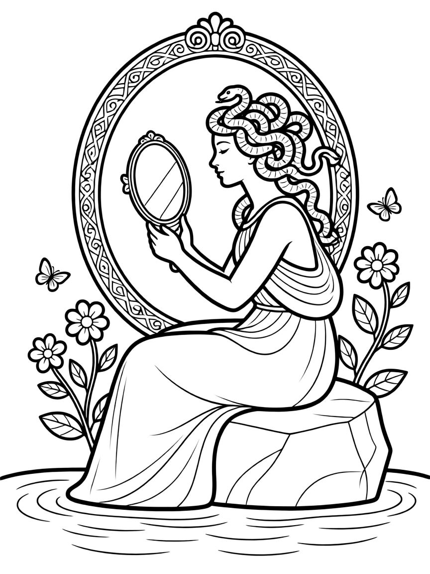 (Greek mythology) Medusa looking into a mirror