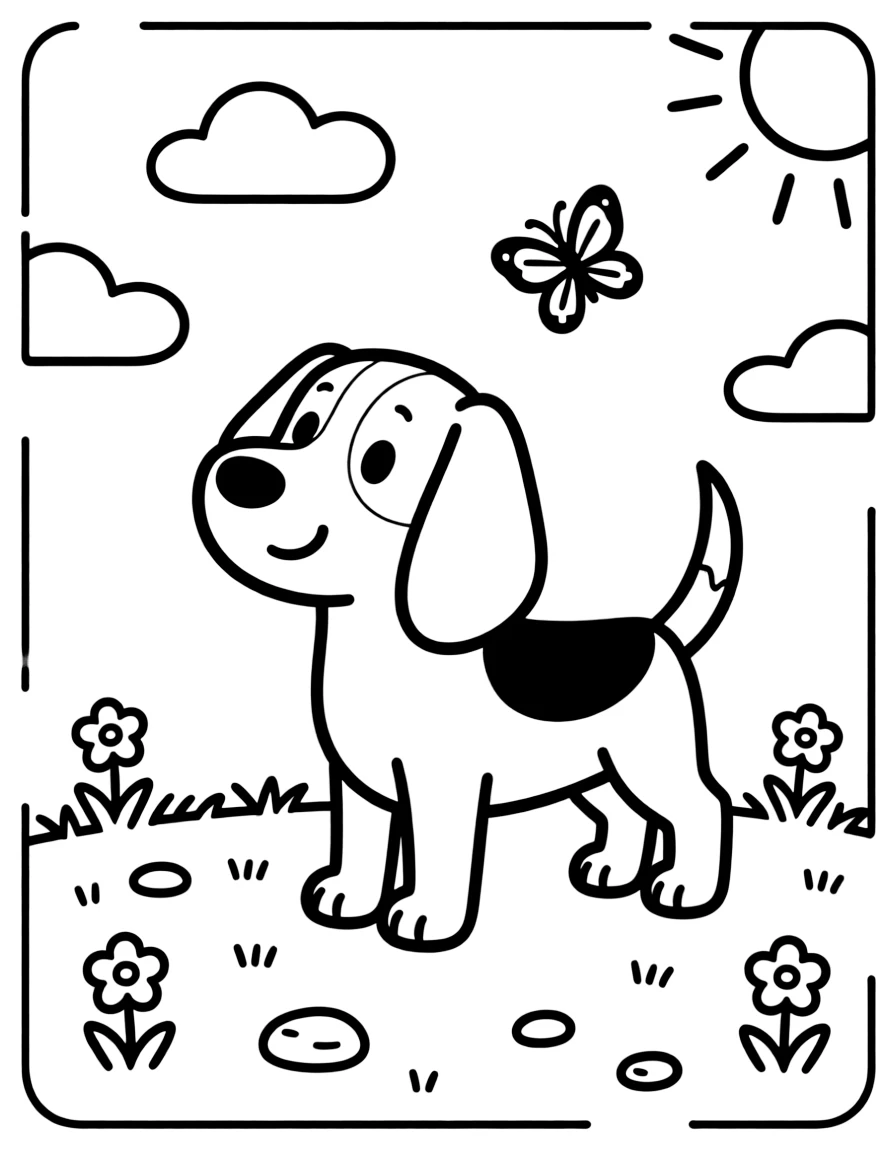 D – Dog: A cheerful cartoon beagle dog standing, floppy ears.