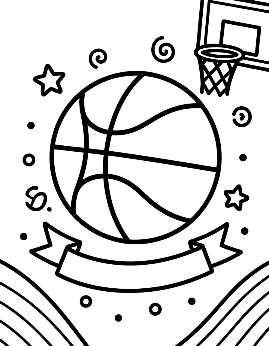 B – Ball: A round orange basketball with clear black lines, cartoon style.