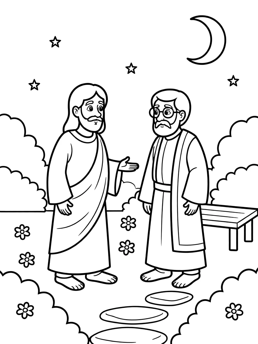 Jesus talking to Nicodemus at night.