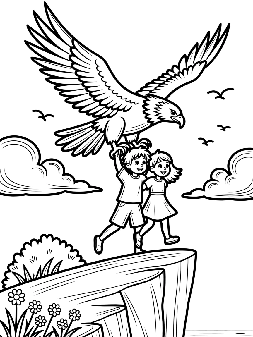 A massive eagle rescuing characters from a dangerous situation