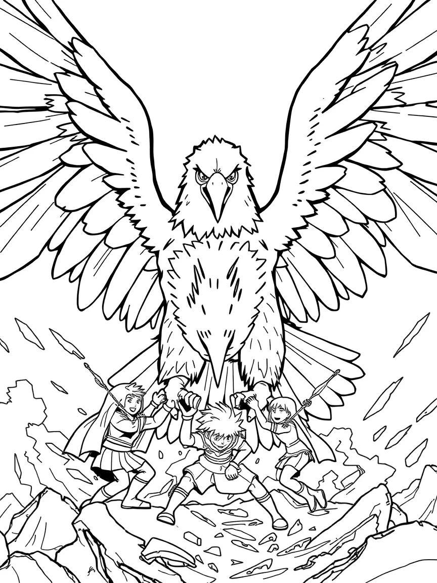 A massive eagle rescuing characters from a dangerous situation