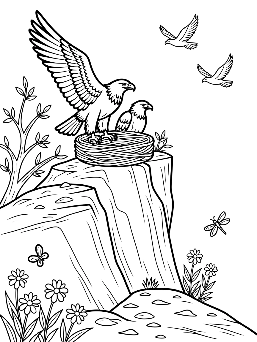 Nest of golden eagles on inaccessible cliff