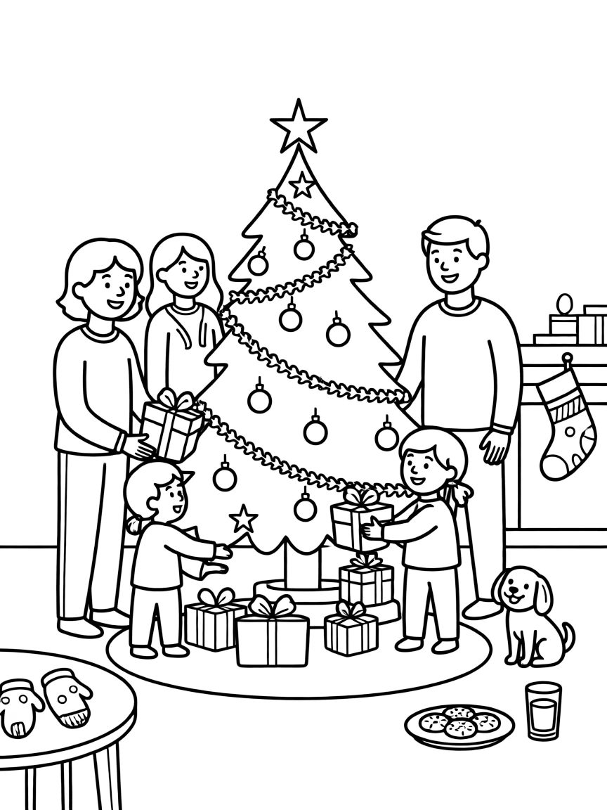 A family placing gifts under the Christmas tree on Christmas Eve.