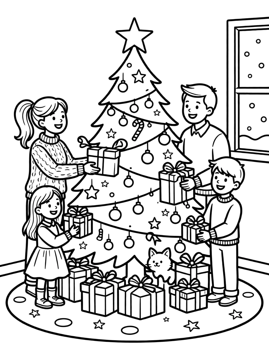 A family placing gifts under the Christmas tree on Christmas Eve.