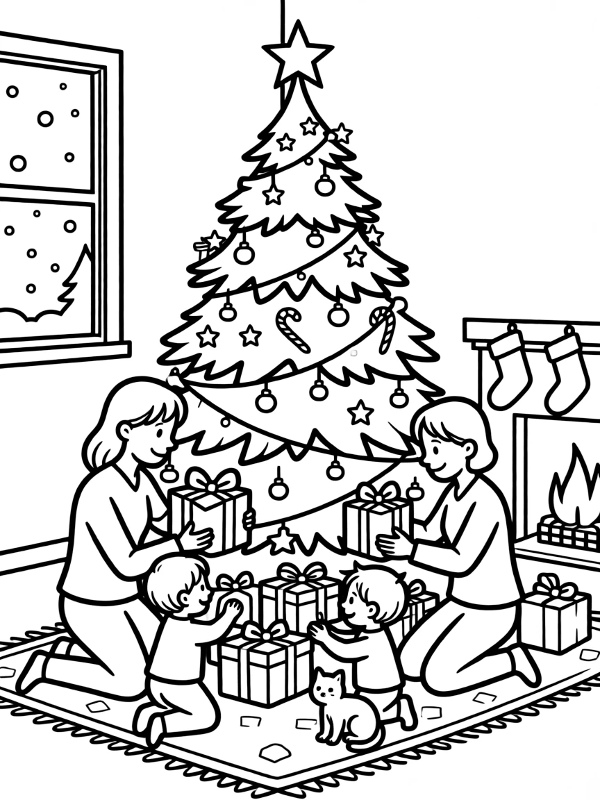 A family placing gifts under the Christmas tree on Christmas Eve.