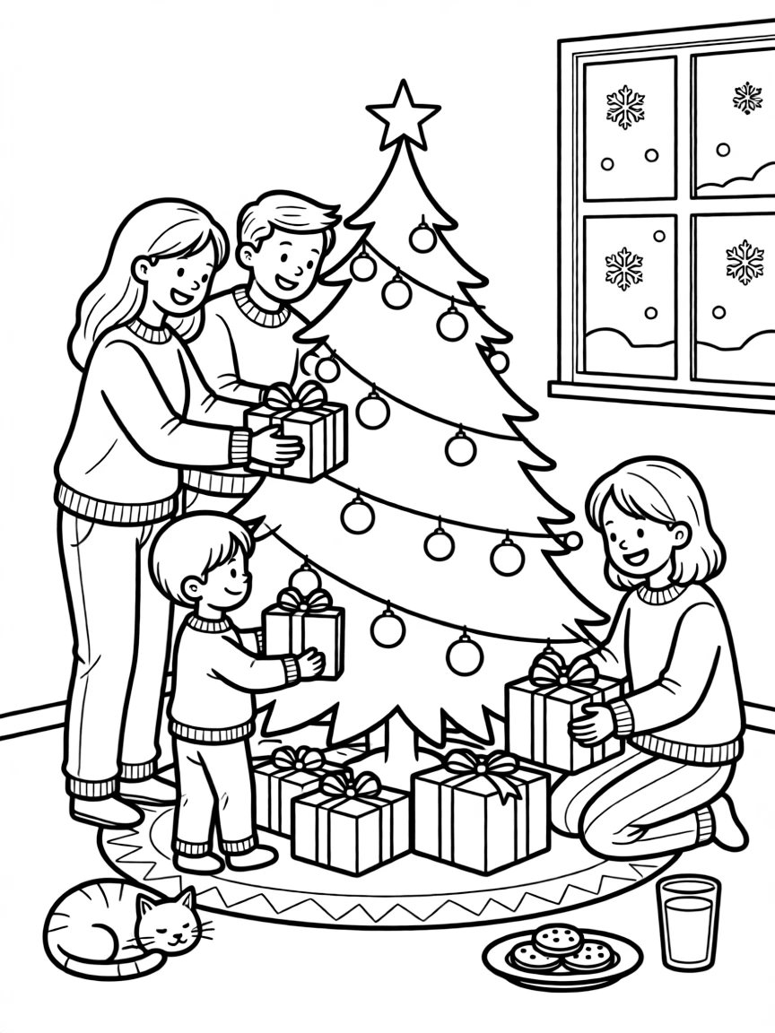 A family placing gifts under the Christmas tree on Christmas Eve.