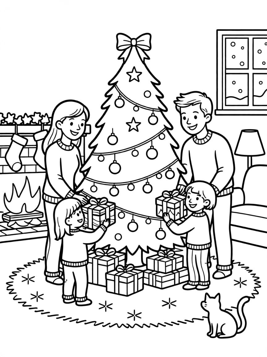 A family placing gifts under the Christmas tree on Christmas Eve.