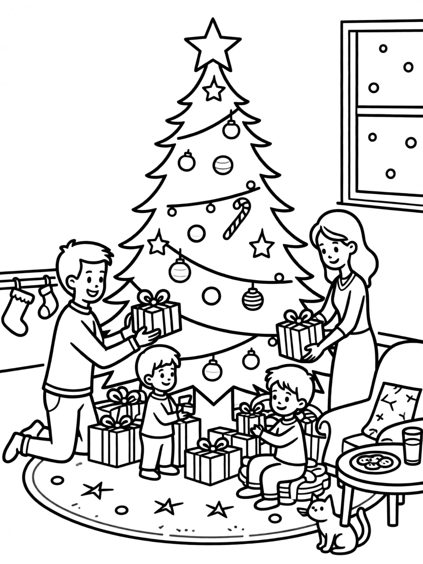A family placing gifts under the Christmas tree on Christmas Eve.