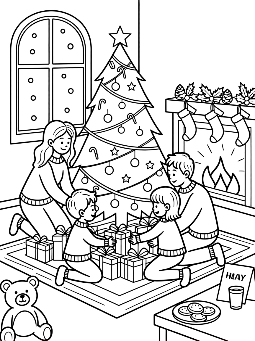 A family placing gifts under the Christmas tree on Christmas Eve.