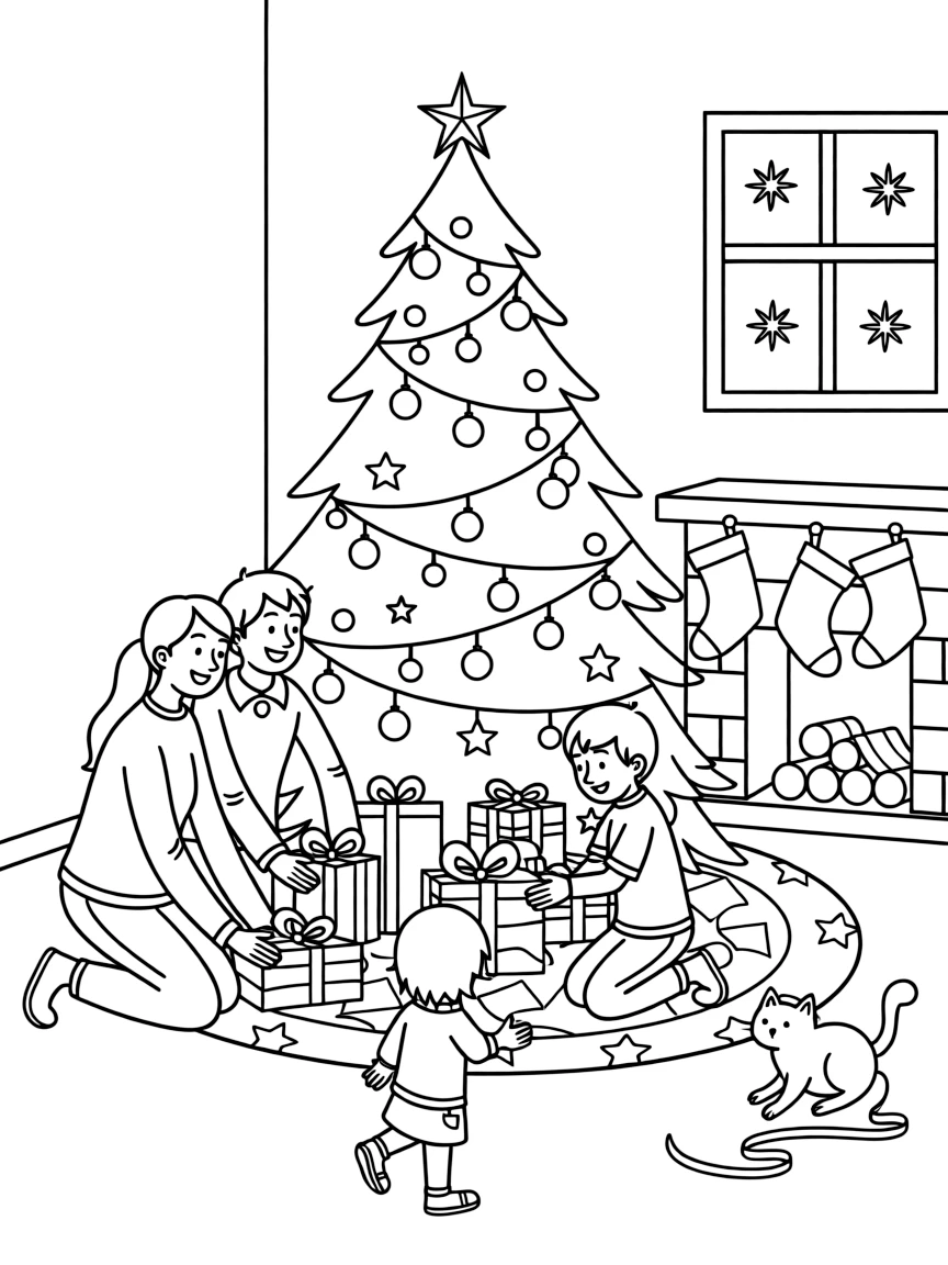 A family placing gifts under the Christmas tree on Christmas Eve.