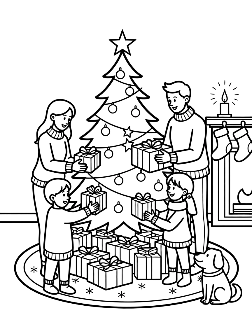 A family placing gifts under the Christmas tree on Christmas Eve.