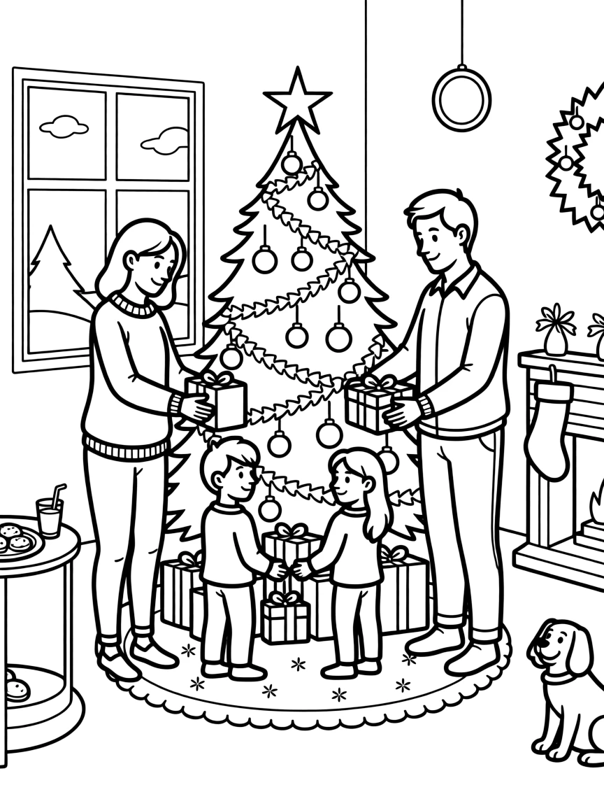A family placing gifts under the Christmas tree on Christmas Eve.