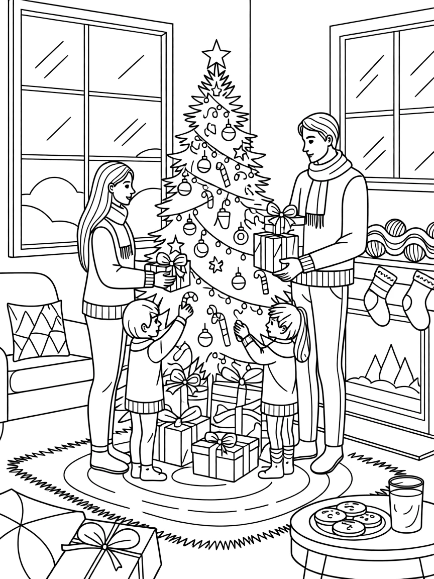 A family placing gifts under the Christmas tree on Christmas Eve.