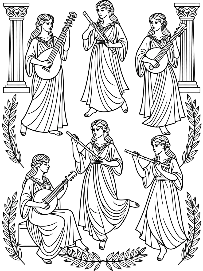 (Greek mythology) The muses playing music and dancing