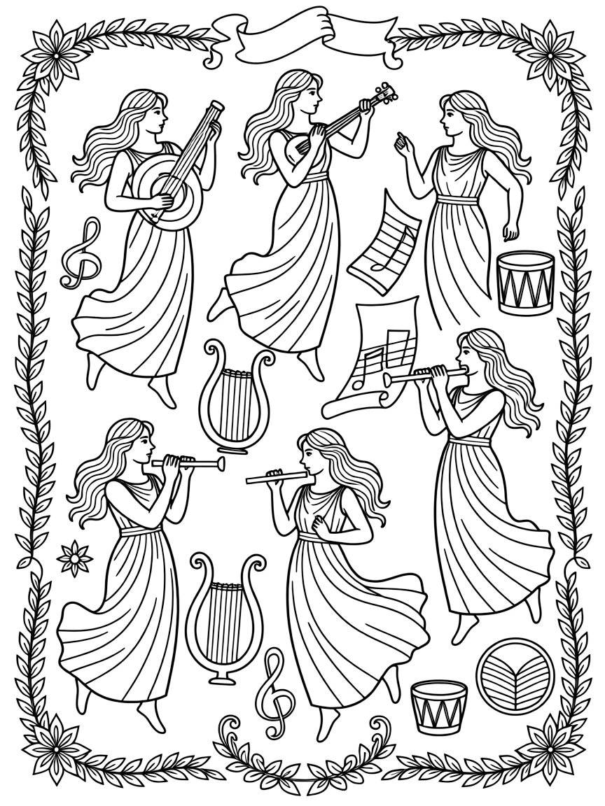 (Greek mythology) The muses playing music and dancing