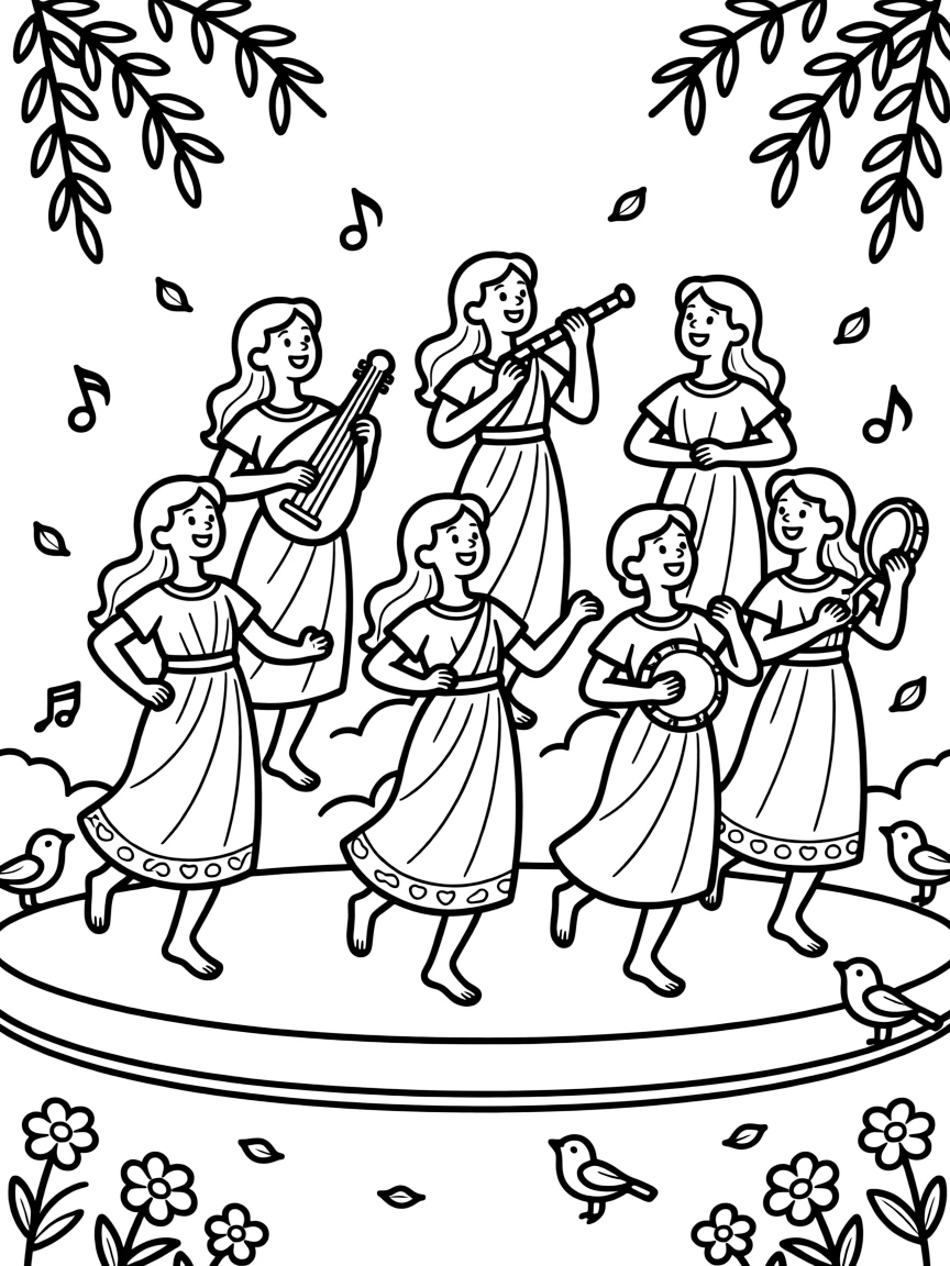 (Greek mythology) The muses playing music and dancing