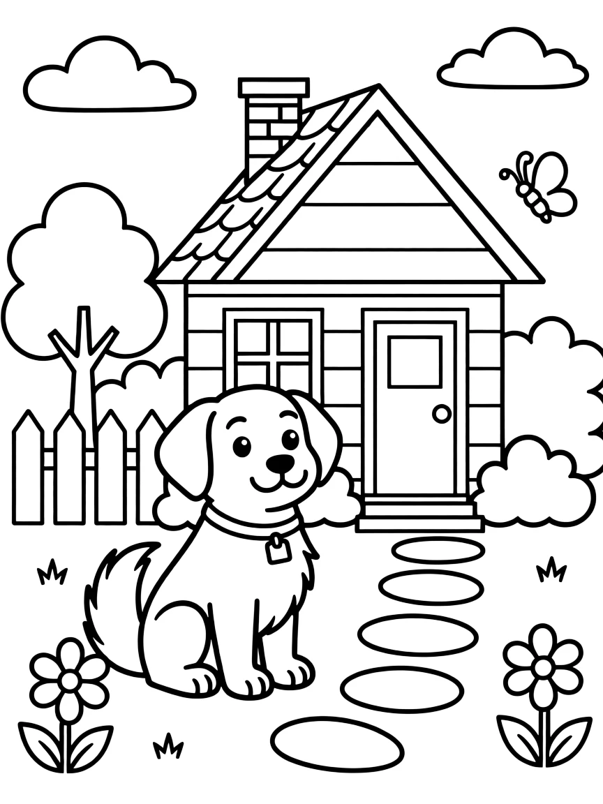 A cute dog sitting in front of a house