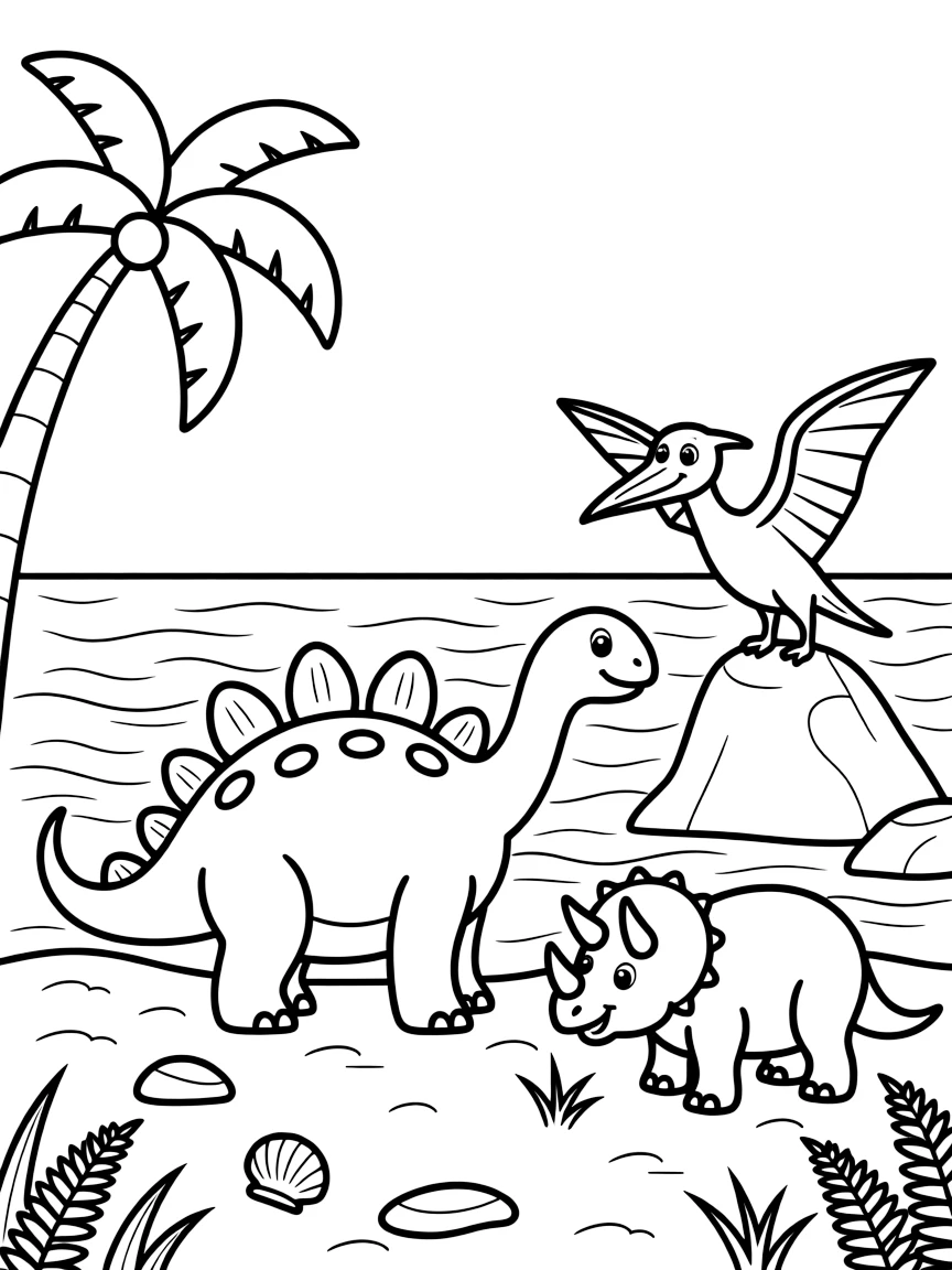 Prehistoric beachside scene with dinosaurs
