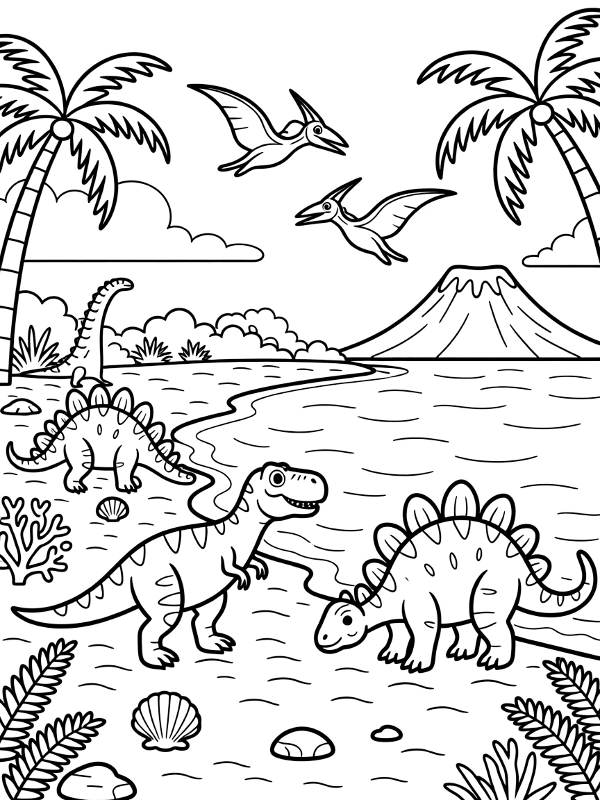 Prehistoric beachside scene with dinosaurs