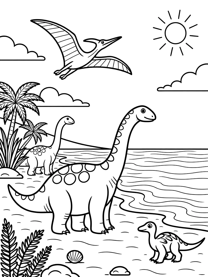 Prehistoric beachside scene with dinosaurs