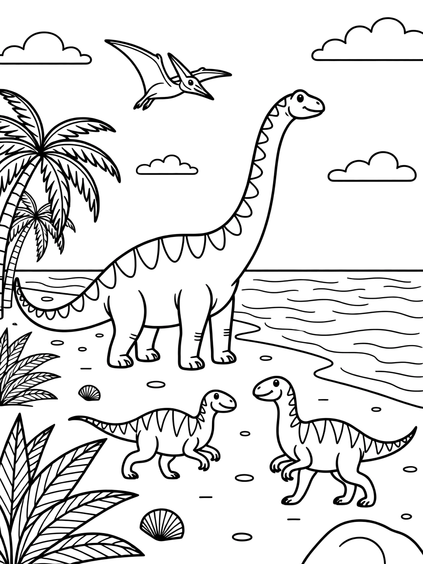 Prehistoric beachside scene with dinosaurs
