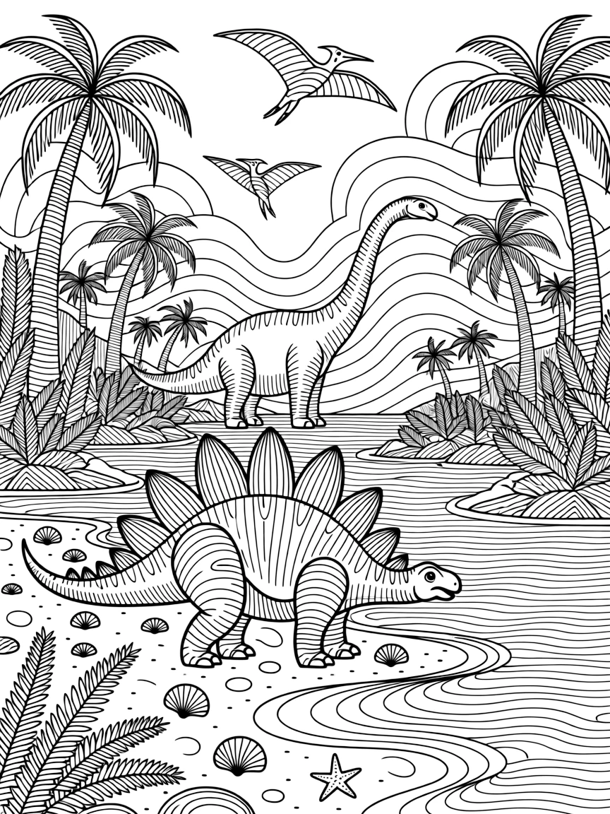 Prehistoric beachside scene with dinosaurs