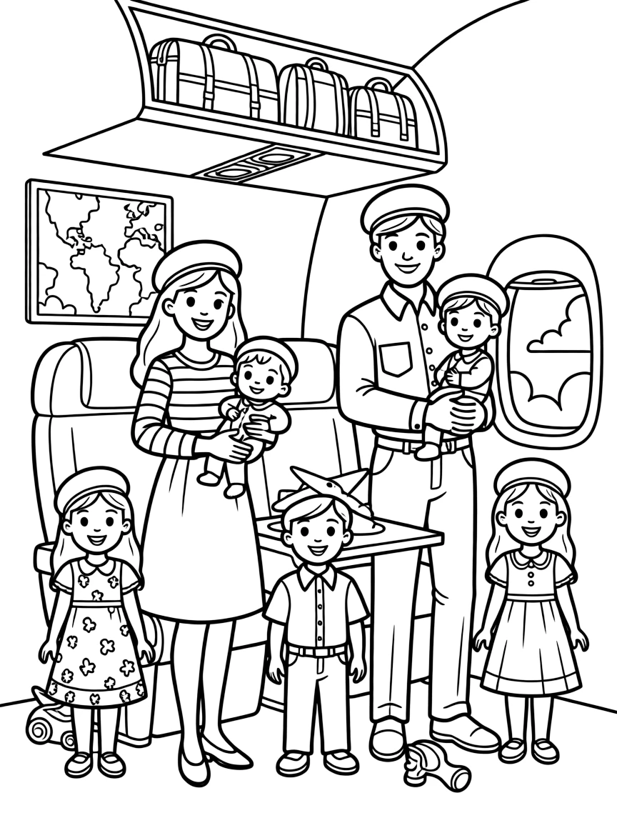 Barbie is traveling to france on  a plane with her husband ken and their six kids.  Barbie is holding a tiny , cute, and adorable baby. Ken is holding a 2 year old little boy. there is a pair of 5 year  old twins.  also there is a 6 year old boy and a nine year old girl. all the girls are wearing crown braids . there all in french berets and french clothes.