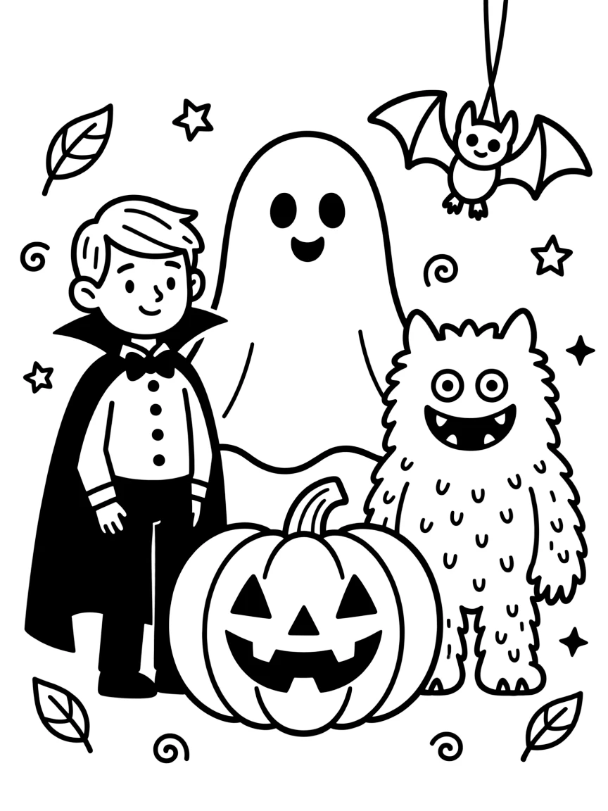 A group of characters including a ghost, vampire, furry monster, a bat and a jack o lantern. Make them spooky.